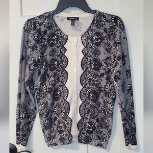 Black and White Floral Lace Cardigan Sweater